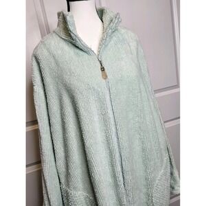 Vintage Stan Herman Women's Chenille Robe Half Zip Size 1X Petite Pockets Green